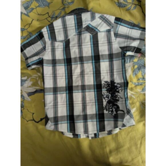 Vintage Y2K Micros boys Large Grey Short Sleeve Casual Button Down Shirt - Picture 2 of 6